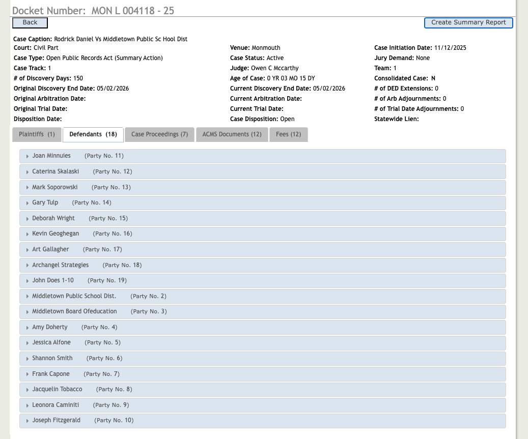 Figure 2. New Jersey Superior Court Civil Case Jacket for Rodrick v. Middletown Township Public School District et al., Docket No. MON-L-004118-25, showing named defendants and current case status (Open). Source: New Jersey Judiciary, eCourts Civil Case Jacket, accessed February 27, 2026.