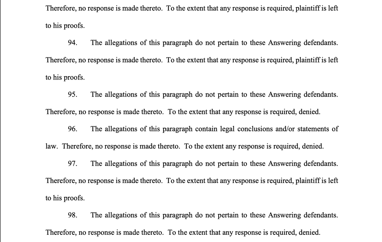 Figure 1. Excerpt from defendants’ Answer in Rodrick v. Middletown Township Public School District et al., MON-L-004118-25, showing repeated responses stating that certain allegations “do not pertain to these Answering defendants.” Source: Superior Court of New Jersey, Law Division, Monmouth County, filed February 20, 2026.
