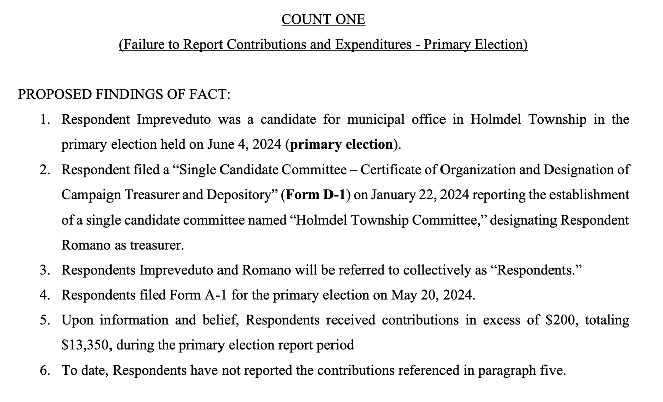 Figure 1. Count 1, Proposed Findings of Fact. Source: Complaint, New Jersey Election Law Commission v Rocco Impreveduto and Joe Romano.