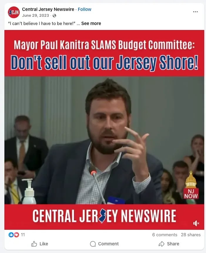 Figure 1. Screenshot of Facebook post by Central Jersey Newswire promoting coverage of Mayor Paul Kanitra, June 29, 2023.