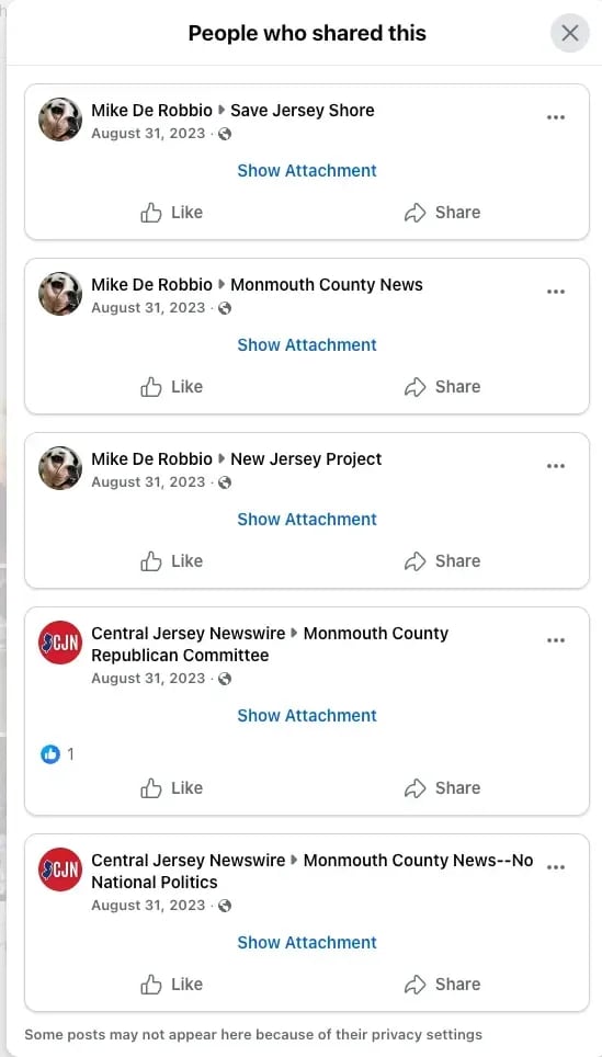Figure 2. Screenshot of Facebook sharing activity for Central Jersey Newswire post featuring Sean Di Somma coverage, captured November 2025
