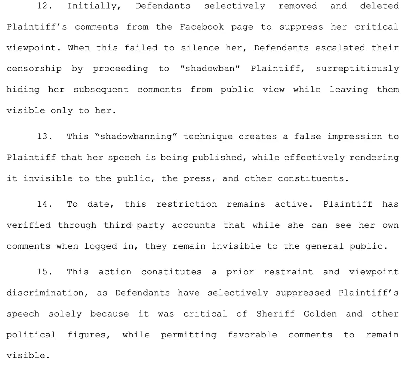 Figure 2. Plantiff allegations of shadowban. Source: First Amended Complaint in Tietjen v. Monmouth County Sherriff’s Office