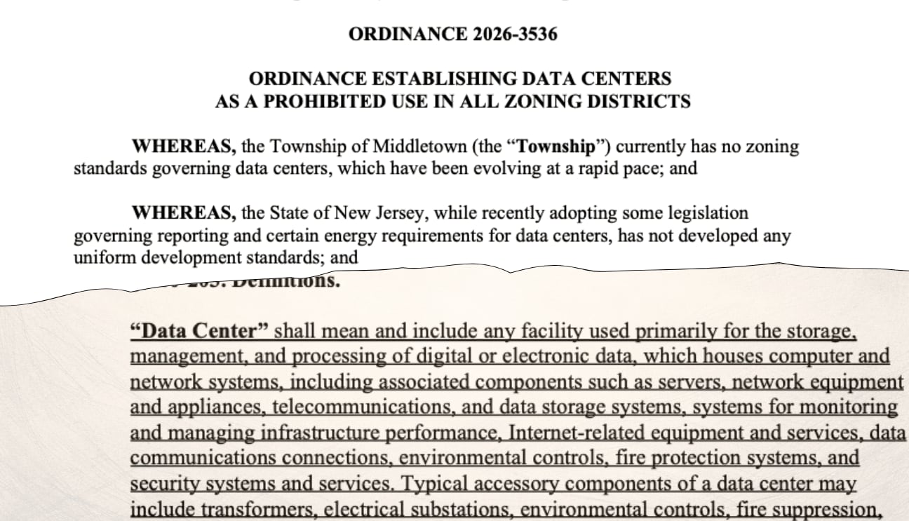 Excerpts from Middletown Ordinance 2026-3536 proposing a ban on data centers in all zoning districts