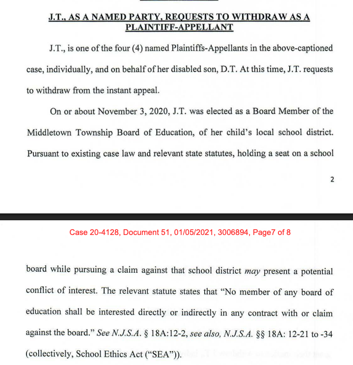 Court filing requesting the withdrawal of plaintiff J.T. from the appeal after her election to the Middletown Board of Education.