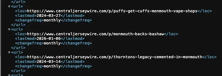 Figure 1. Screenshot of Central Jersey Newswire sitemap.xml showing URL entries and last modification dates. Source: Central Jersey Newswire, accessed February 2026.