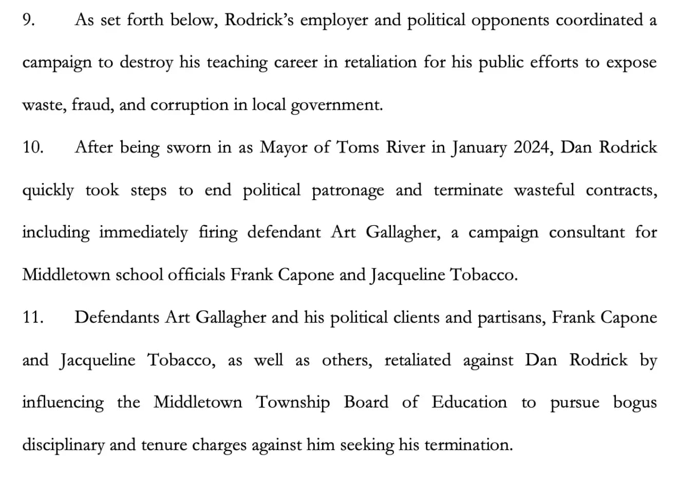 Figure 1. Allegations regarding suspension and tenure charges. Source: First Amended Complaint in Rodrick v. Middletown Township Public School District.