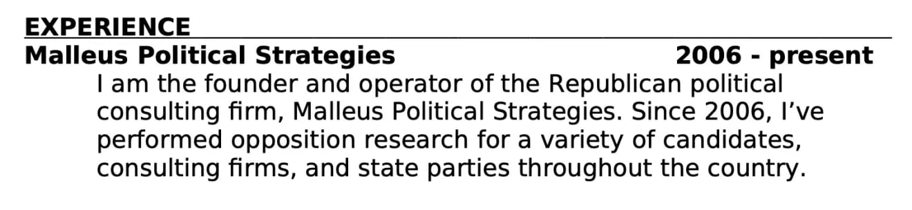 Figure 5. Experience describing opposition research services. Source: Publicly available résumé of Darren Eustance.